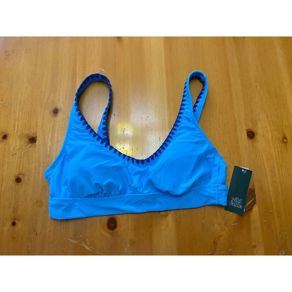 Wild Fable Blue Whipstitch Trim Bikini Top Scoop Neck Swim Size L NWT